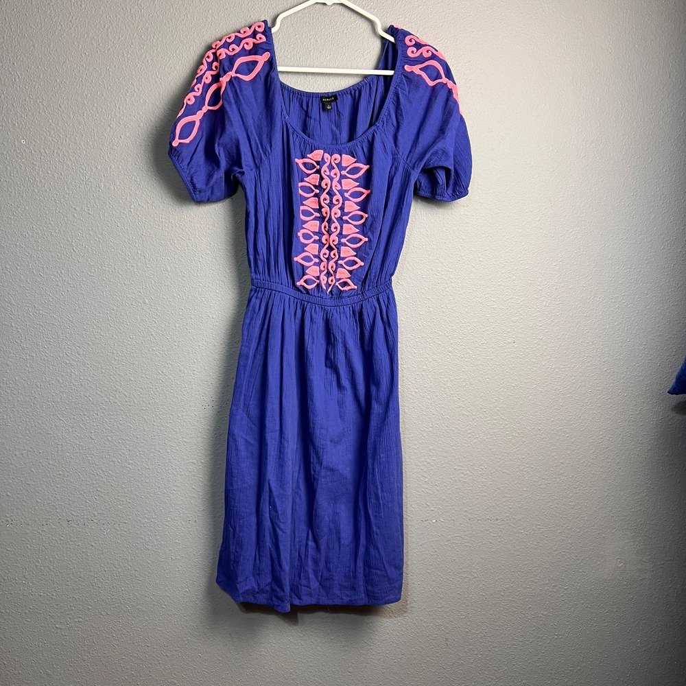 Talbots Blue Cotton Gauze Embroidered Boho Peasant Dress Pink Accents Small